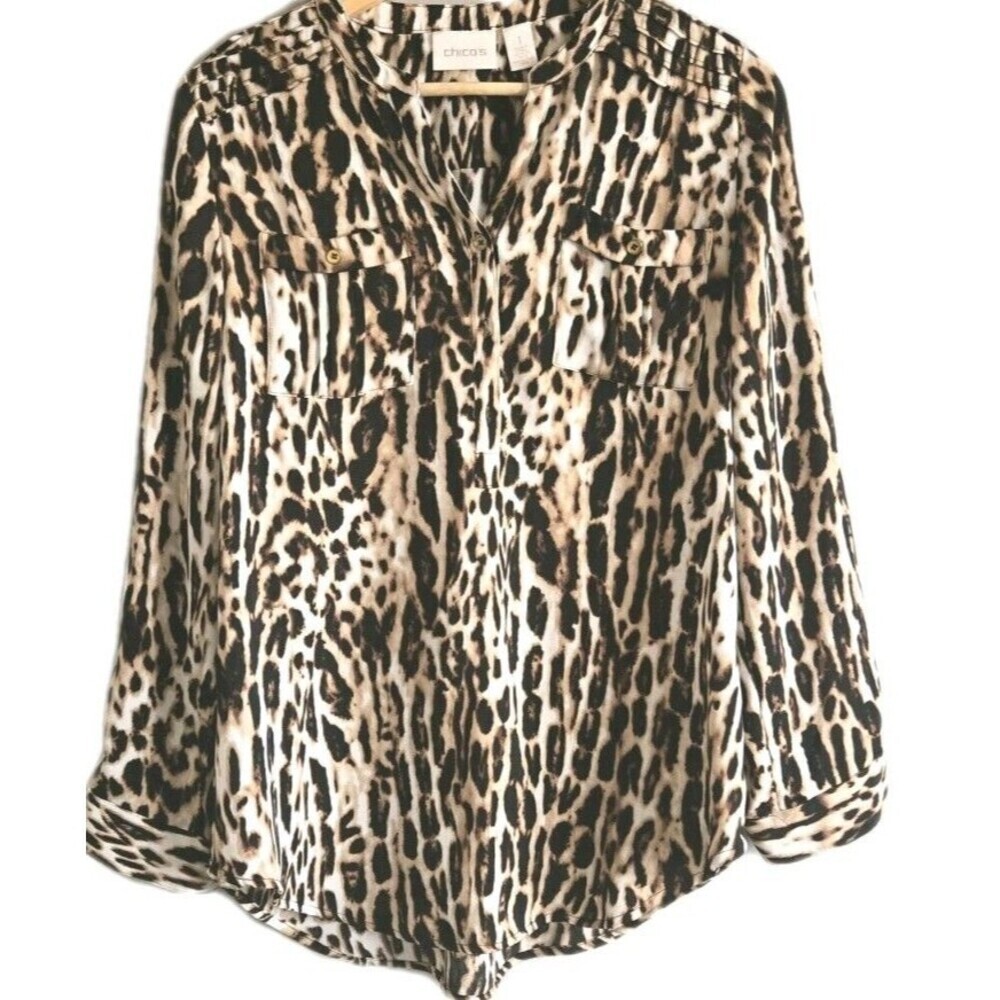 Chico's Animal Print Button Top Blouse Roll Tab Sleeve Pocket Tunic Length M